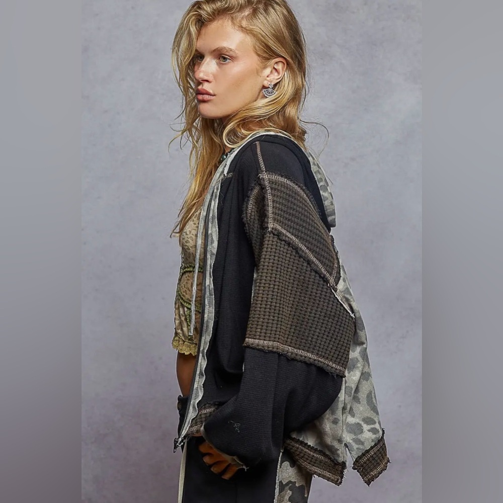 NEW Pol Oversized Full Zip Hoodie Thermal Camo Patches Mixed Media Light Jacket - Picture 4 of 5